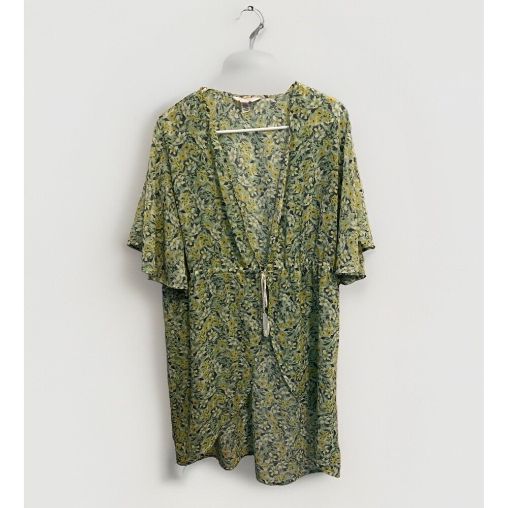 LC Lauren Conrad Sheer Floral Kimono Topper Green Yellow One Size Short Sleeve